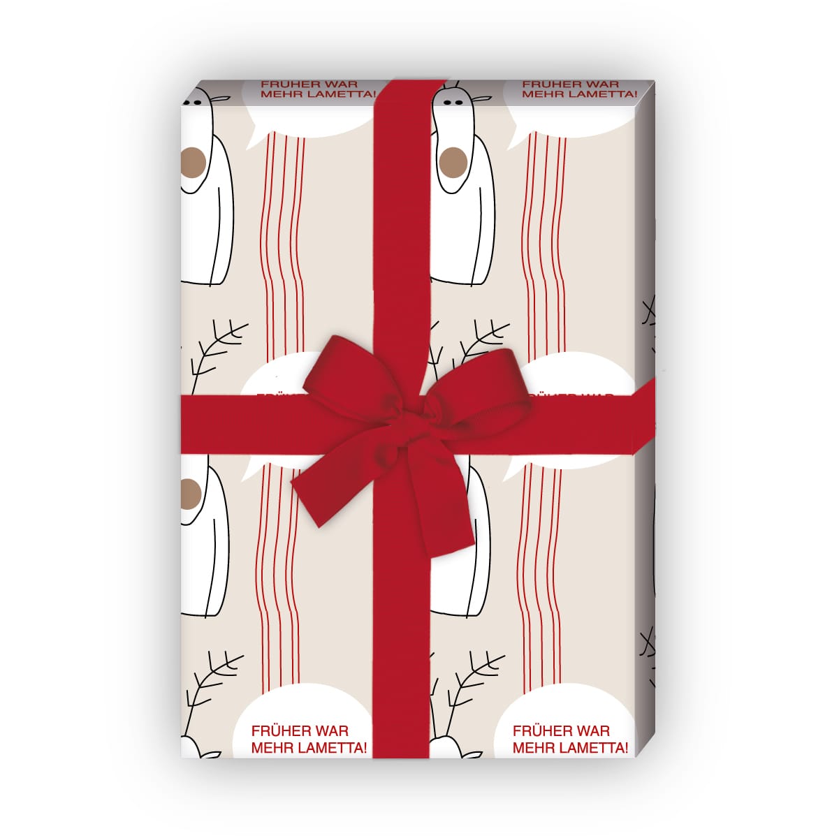 Geschenkverpackung Weihnachten: Komisches Weihnachts Geschenkpapier mit weißem Elch auf Streifen "Früher war mehr Lametta", in beige jetzt online kaufen
