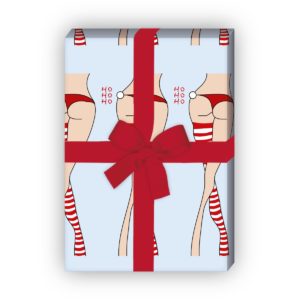 zum Weihnachtsgeschenk einpacken: Sexy Weihnachts Geschenkpapier mit Weihnachts Strümpfen "Ho Ho Ho", in hellblau jetzt online kaufen