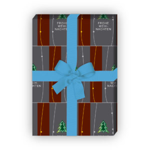 zum Weihnachtsgeschenk einpacken: Designer Geschenkpapier mit Weihnachtsbäumen und Streifen: Frohe Weihnachten, grau,  jetzt online kaufen