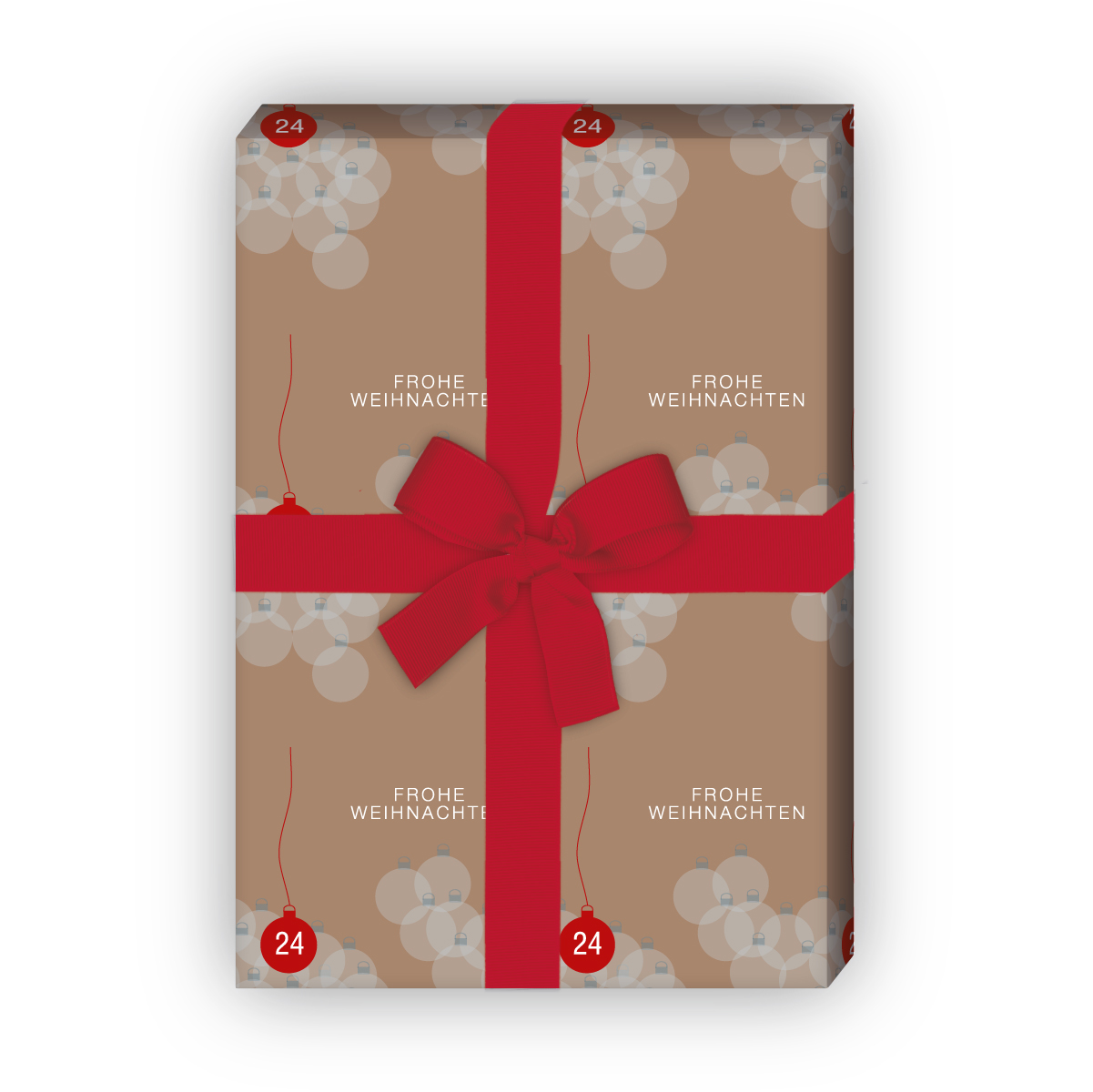 Geschenkverpackung Weihnachten: Edles Geschenkpapier mit Weihnachtskugeln: Frohe Weihnachten, braun,  jetzt online kaufen