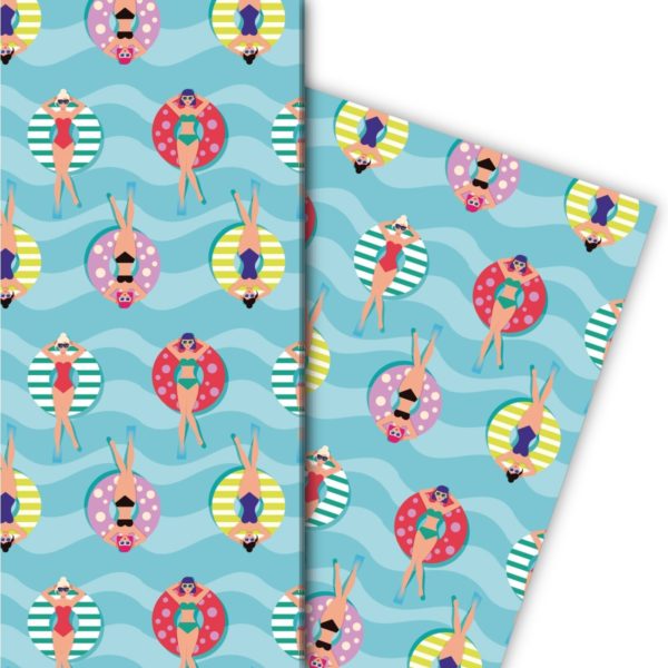 Kartenkaufrausch: Lustiges Sommer Geschenkpapiermit badenden aus unserer Party Papeterie in hellblau