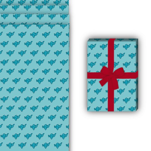 Natur Geschenkverpackung: Schickes Geschenkpapier mit Kakteen von Kartenkaufrausch in blau