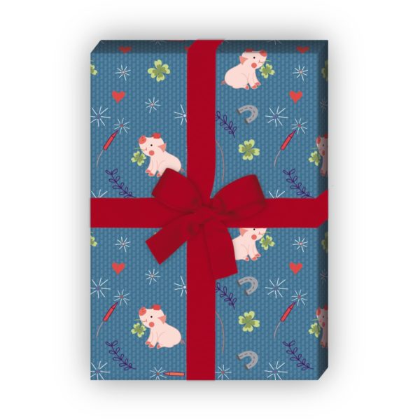 Kartenkaufrausch: Glücks Geschenkpapier mit Schweinchen aus unserer Glücks Papeterie in blau
