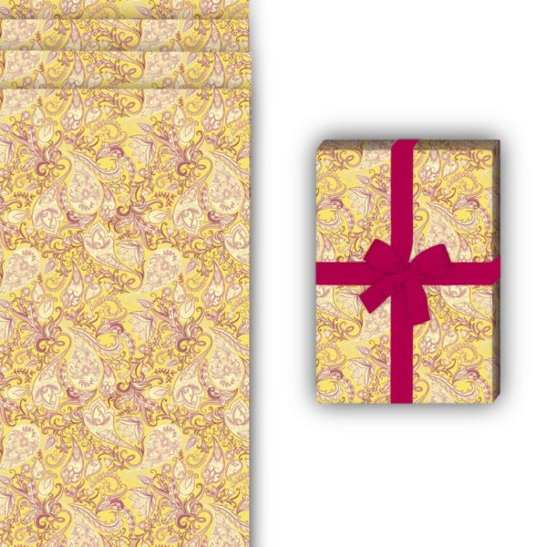 Designer Geschenkverpackung: Klein gemustertes Geschenkpapier mit von Kartenkaufrausch in gelb