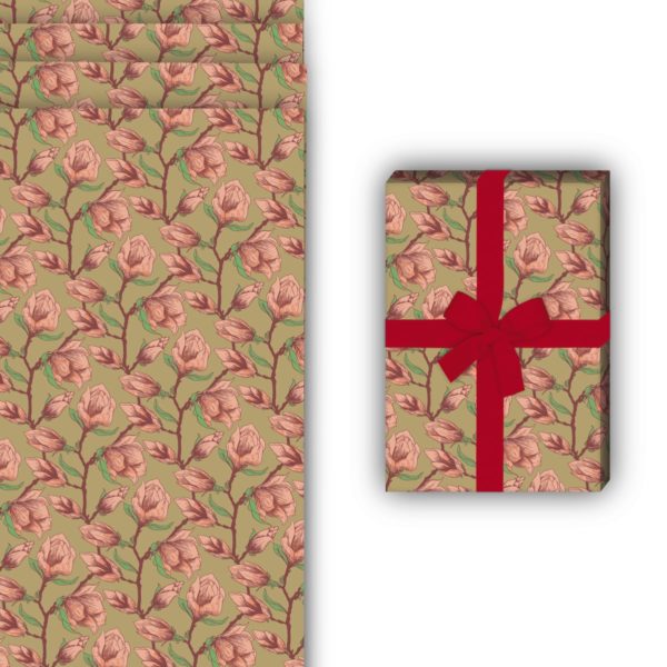 florale Geschenkverpackung: Elegantes Magnolien Geschenkpapier mit von Kartenkaufrausch in beige