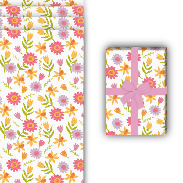Oster Geschenkverpackung: Frühlings Blumen Geschenkpapier mit von Kartenkaufrausch in weiß
