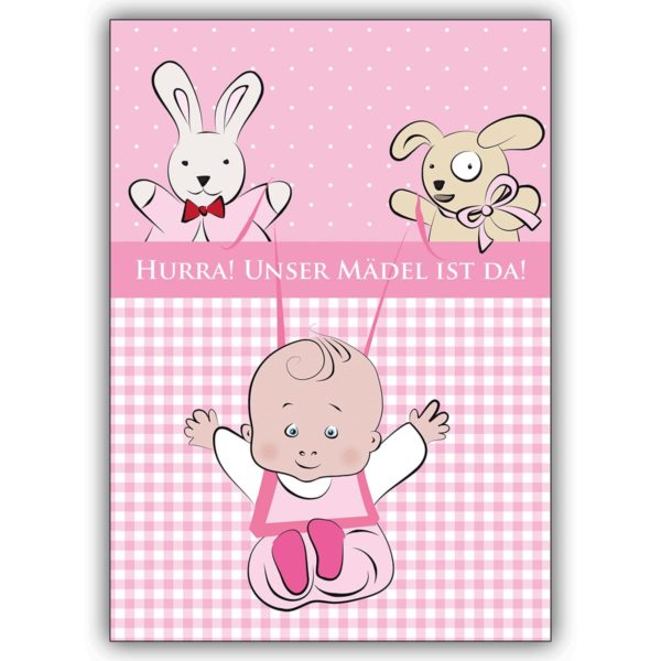 Süße Babykarte (Mädchen) zur Geburt mit Stofftieren: Hurra!