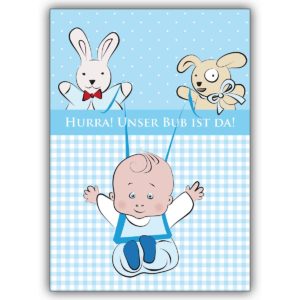 Süße Babykarte (Junge) zur Geburt mit Stofftieren: Hurra!