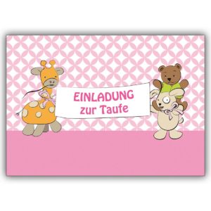 Süße Einladungskarte zur Taufe (Mädchen) Stofftiere auf rosa