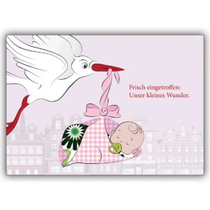 Süße Storch Geburtsanzeige in rosa: Frisch eingetroffen