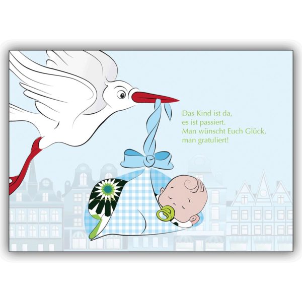 Süße Baby Jungen Glückwunschkarte zur Geburt hellblau mit Storch