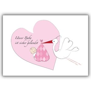 Süße Geburtsanzeige mit rosa Herz: Unser Baby ist sicher gelandet