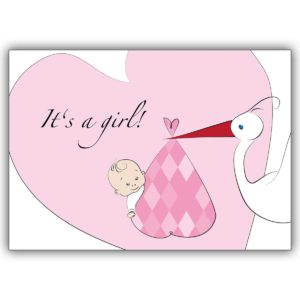 Tolle Geburtsanzeige, Babykarte zur Geburt (Mädchen) mit Storch