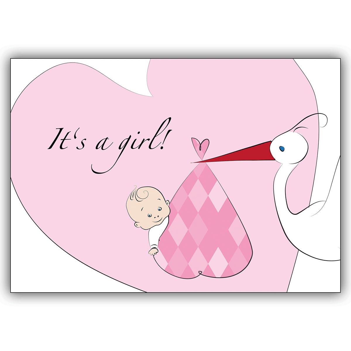 Handgemachte Grußkarte zur Geburt für Baby Mädchen mit Storch in Rosa 