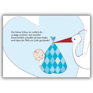 Schöne Babykarte (Junge) Baby-Boy und Storch: Der kleine Schatz