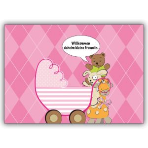 Schöne rosa Babykarte mit Kinderwagen: Willkommen daheim