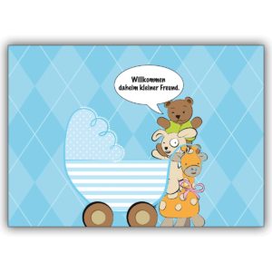 Schöne blaue Babykarte zur Geburt eines Jungen: Willkommen daheim