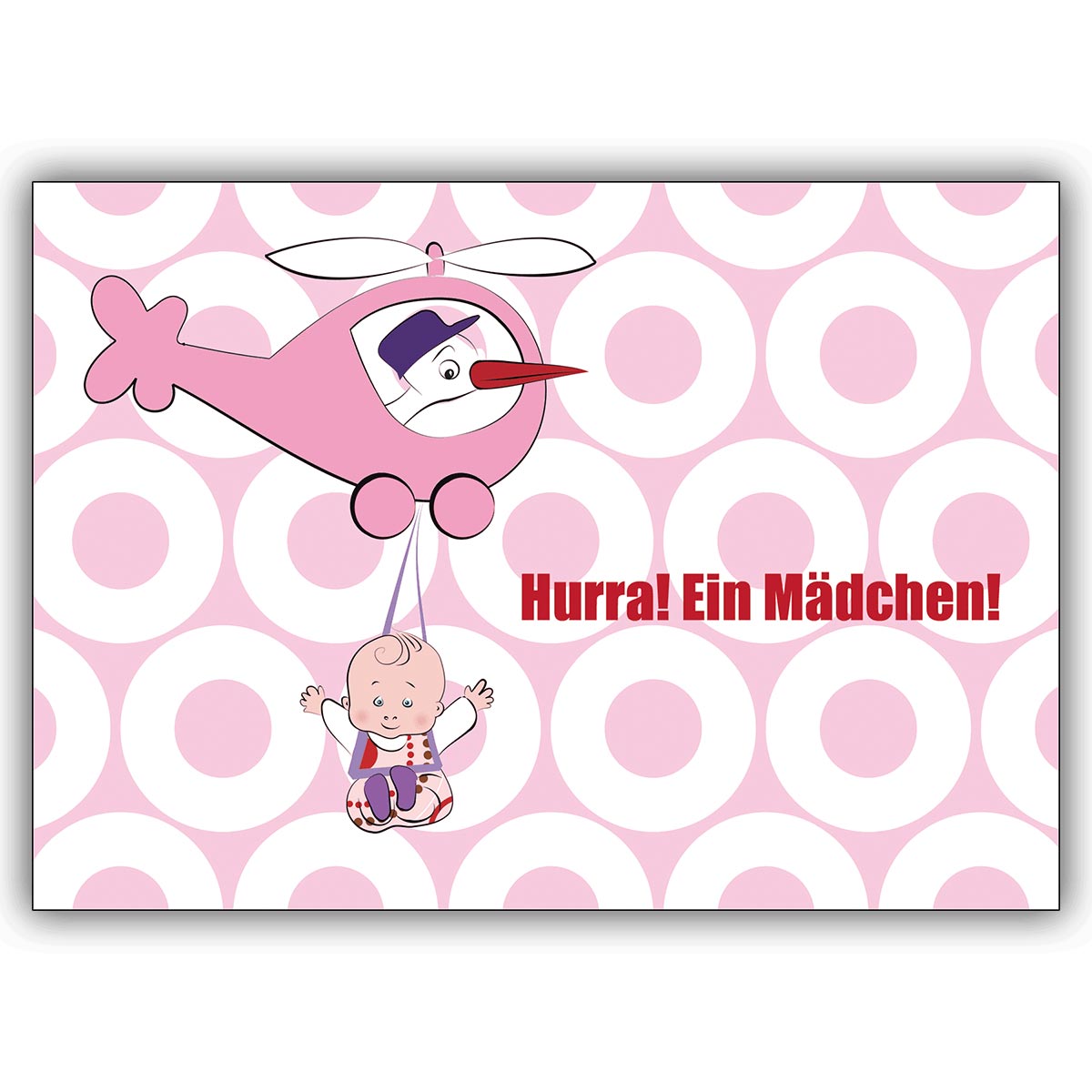 Super süße Mädchen Babykarte mit Storch im Helikopter: Hurra!