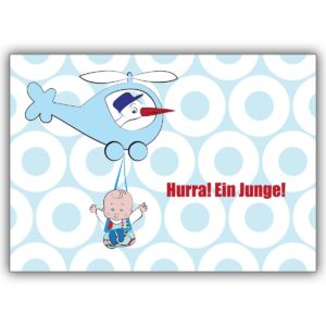 Super süße Buben Babykarte mit Storch im Helikopter: Hurra!