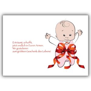 Liebevolle Babykarte zur Geburt eines Mädchen mit Schleife