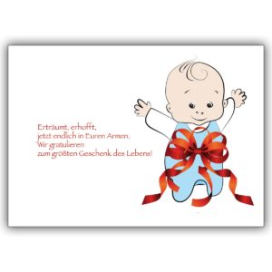Liebevolle Babykarte zur Geburt eines Jungen mit Schleife