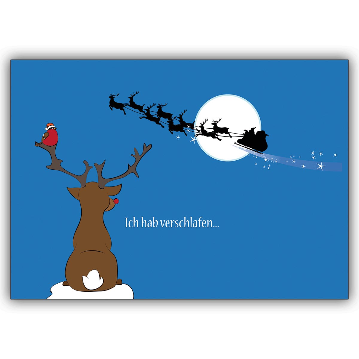 Humorvolle Last-Minute Weihnachtskarte mit kleinem Rentier