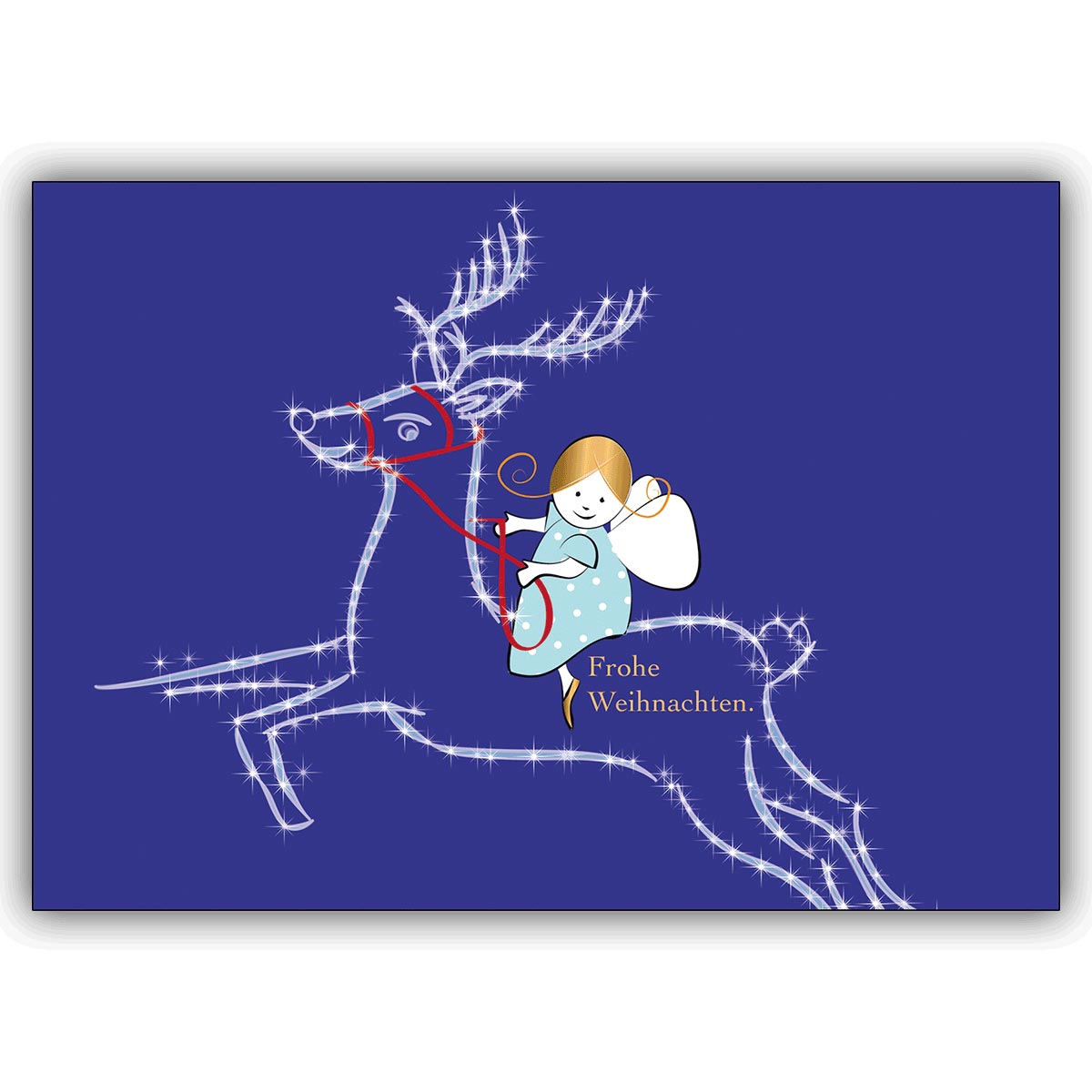 Süße Weihnachtskarte mit kleinem Engel und Rentier reitet