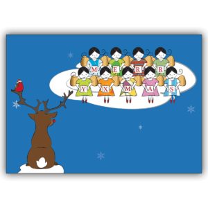 Lustige Weihnachtskarte mit Rentier und Engel Chors auf Wolke