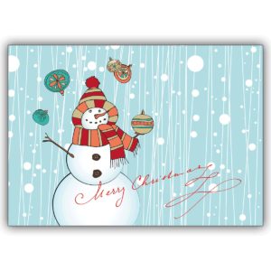 Fröhliche Weihnachtskarte mit Schneemann im Schneegestöber