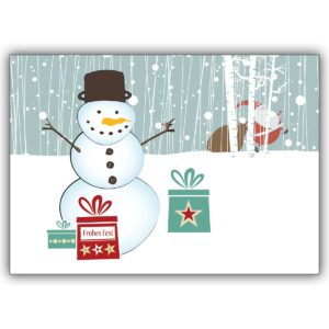 Lustige Weihnachtskarte mit Schneemann in mitten von Geschenken