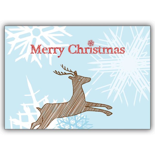 Trendy Designer Weihnachtskarte mit Schneeflocken und Hirsch