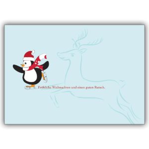 Fröhliche Weihnachtskarte mit Schlittschuh laufendem Pinguin