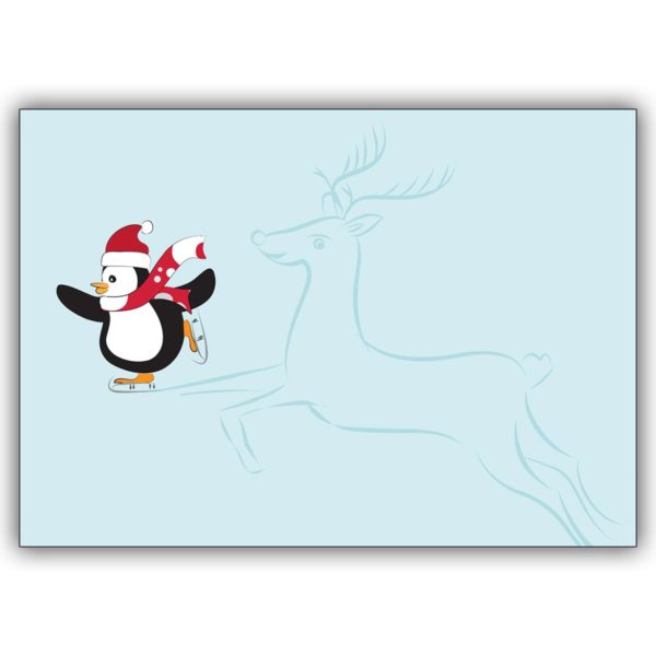 Süße Weihnachtskarte mit Schlittschuh laufendem Pinguin & Rentier