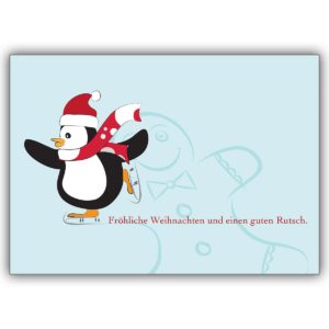 Schöne Weihnachtskarte mit Schlittschuh Pinguin und Lebkuchen
