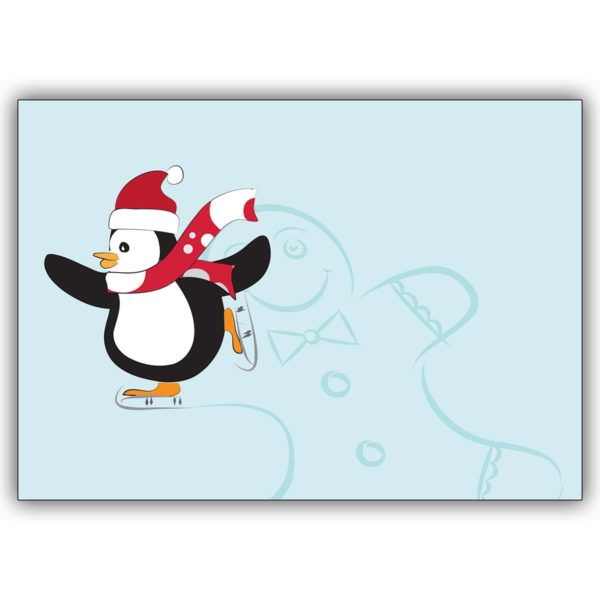 Hübsche Weihnachtskarte mit Schlittschuh Pinguin und Lebkuchen