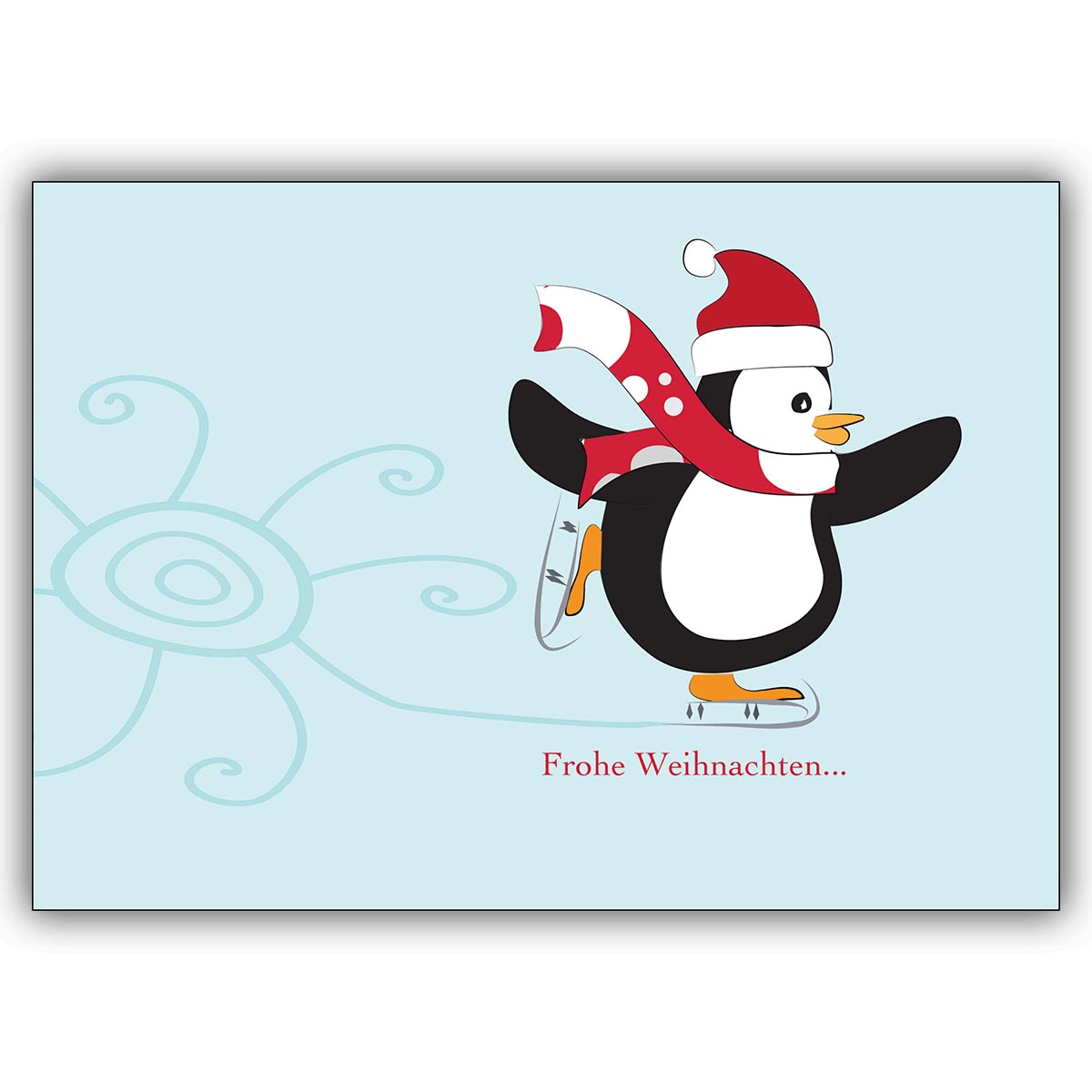 Schöne Weihnachtskarte mit Schlittschuh laufendem Pinguin