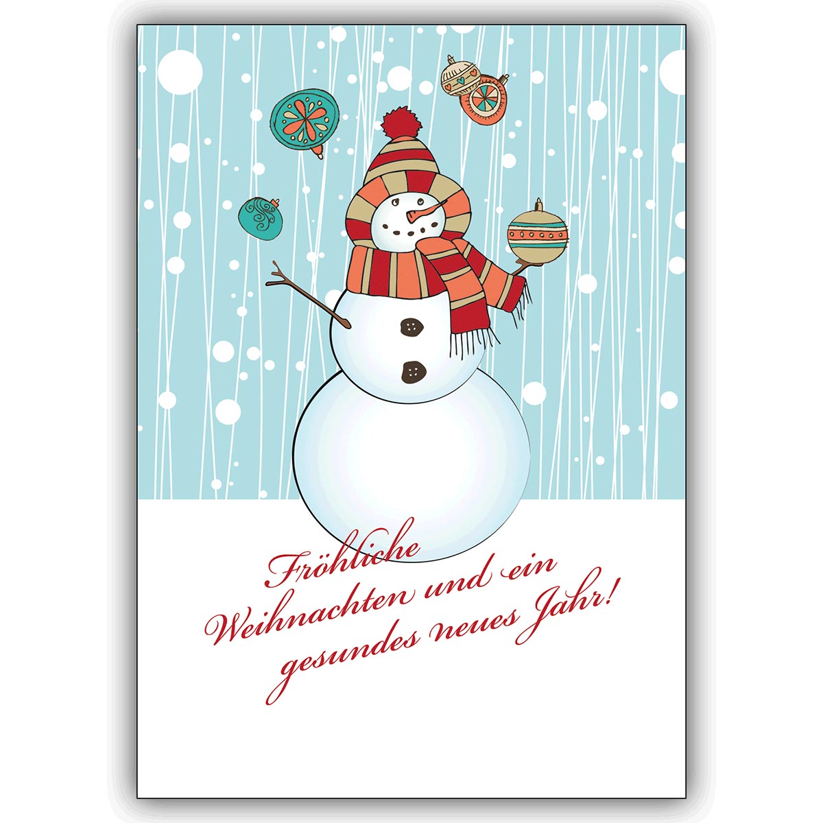Schöne Weihnachtskarte mit jonglierendem Schneemann im Schnee