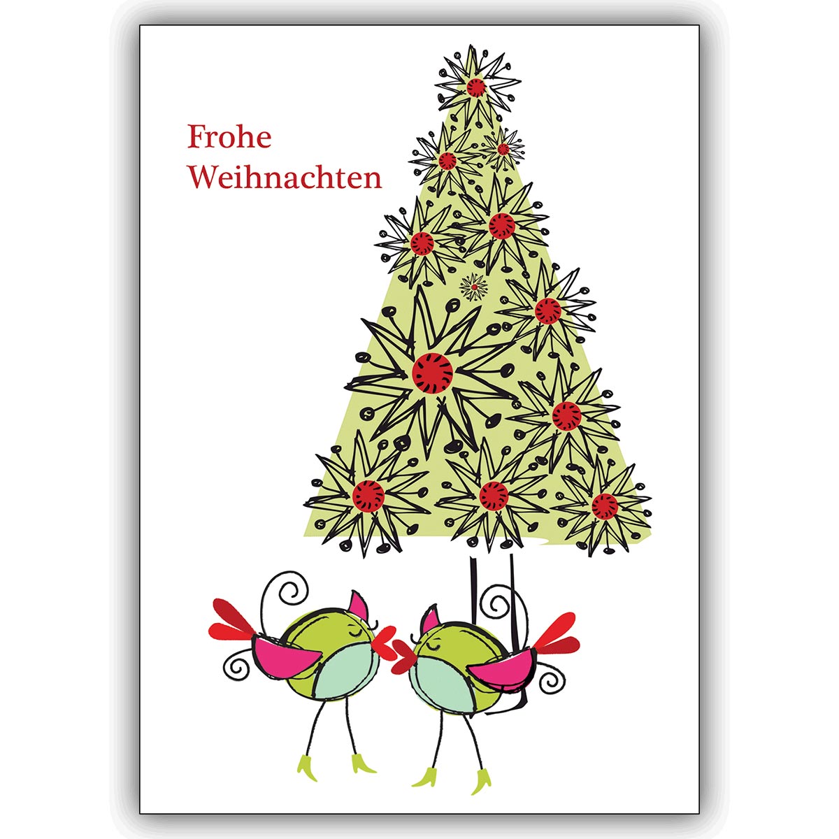 Süße Weihnachtskarte mit verliebten Vögeln und Weihnachtsbaum