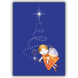 Niedliche Weihnachtskarte mit kleinem Weihnachtsengel und Sternen