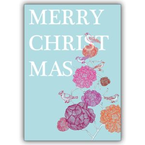 Edle Designer Weihnachtskarte Blumen und Vögeln: Merry Christmas