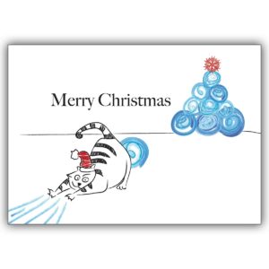 Komische Weihnachtskarte mit Katze und Weihnachtsbaum