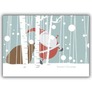 Lustige Weihnachtskarte mit hetzendem Weihnachtsmann im Wald