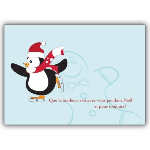 Französische Weihnachtskarte mit Schlittschuh laufendem Pinguin
