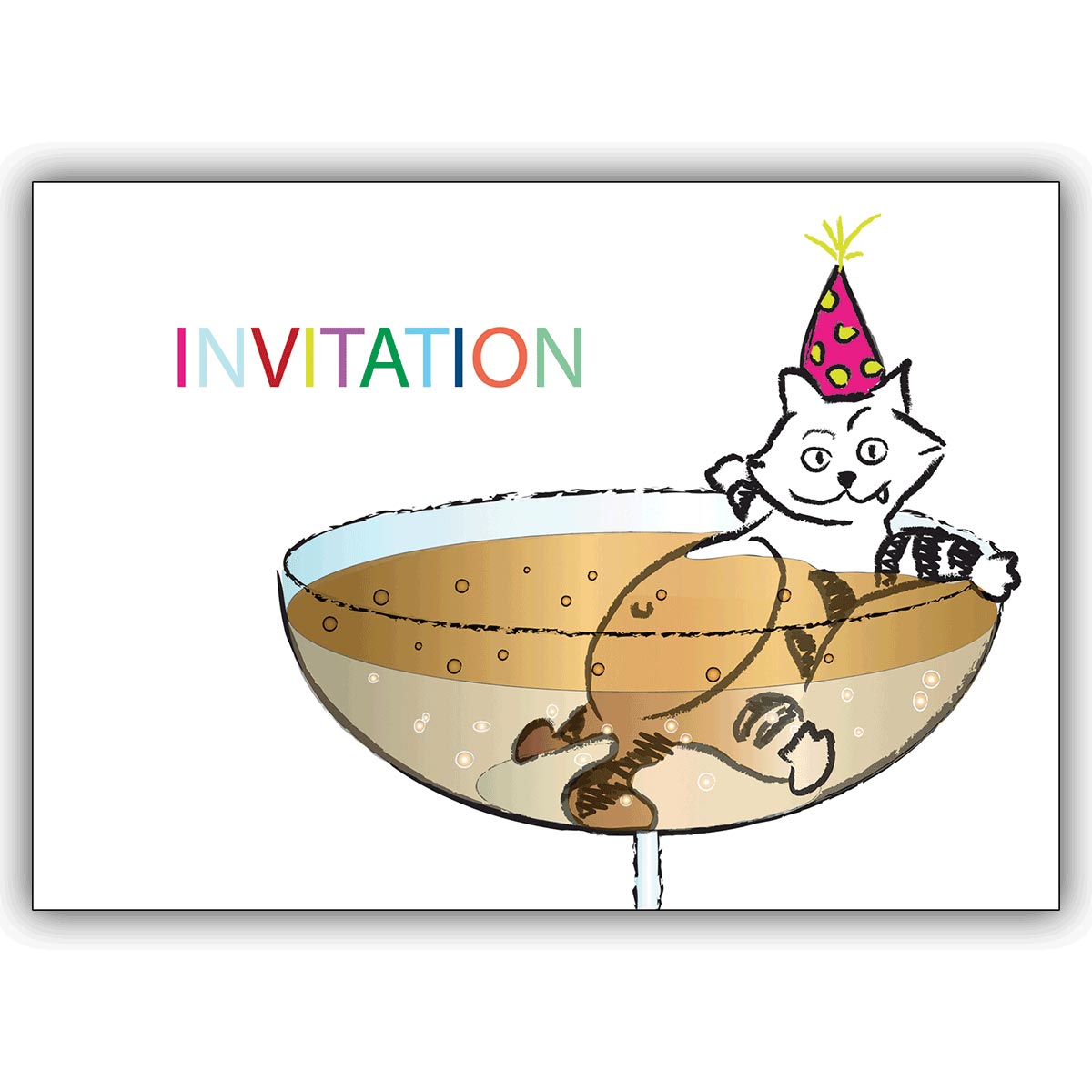 Party Einladungskarte mit lustiger Katze im Champagner Bad