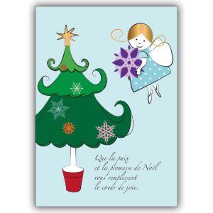 Süße Franz. Weihnachtskarte mit Weihnachtsbaum schmückendem Engel