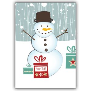 Französische Weihnachtskarte mit Schneemann zwischen Geschenken