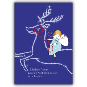Süße französische Weihnachtskarte mit Engel auf Sternen Rentier