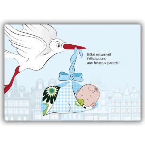 Französische Babykarte (Junge) mit Storch und Baby Boy