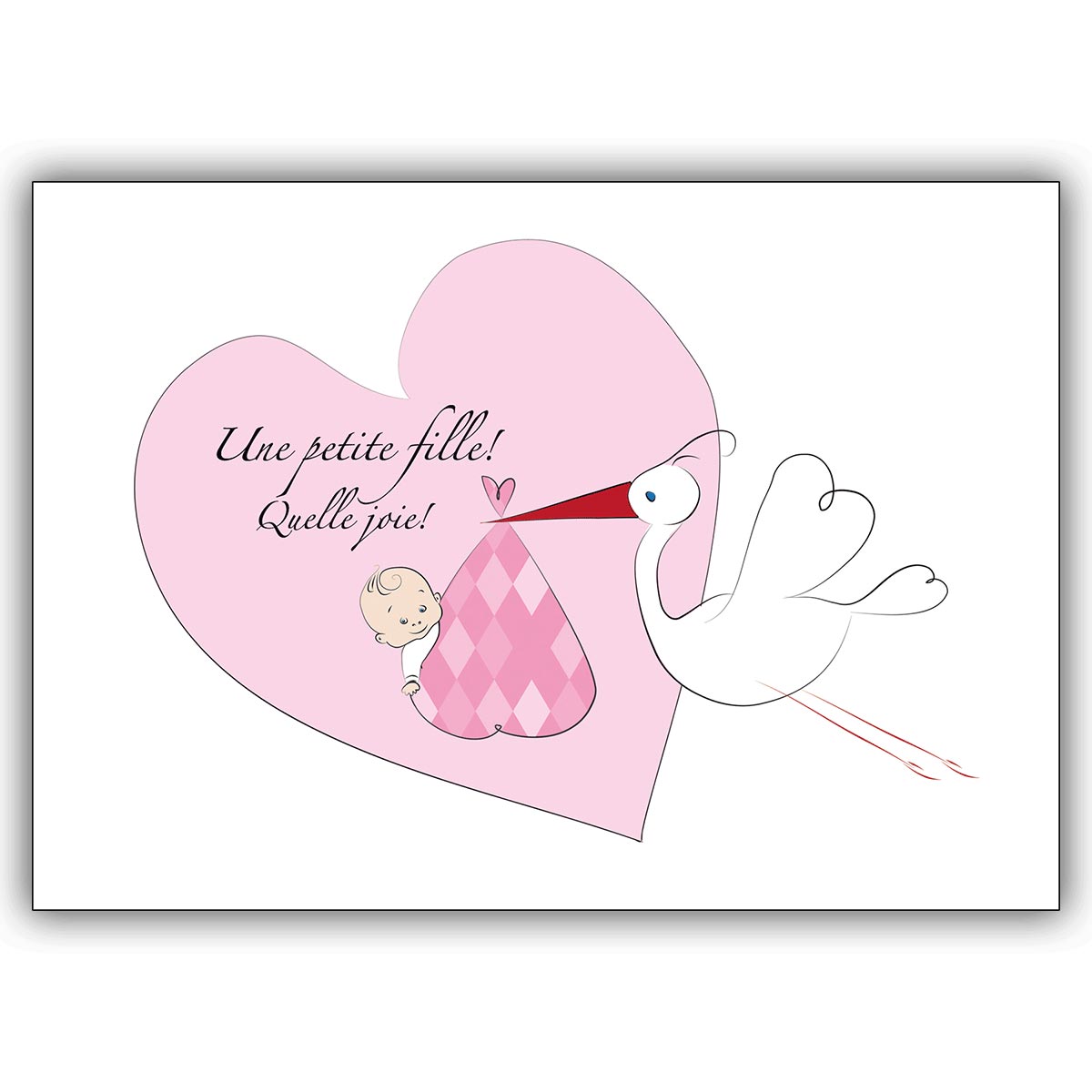 Süße französische Babykarte (Mädchen) mit Storch Une petite fille