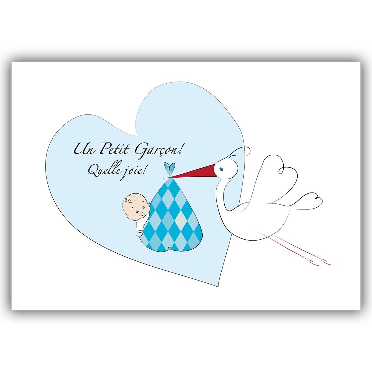 Süße französische Babykarte (Junge) mit Storch: Un Petit Garçon!